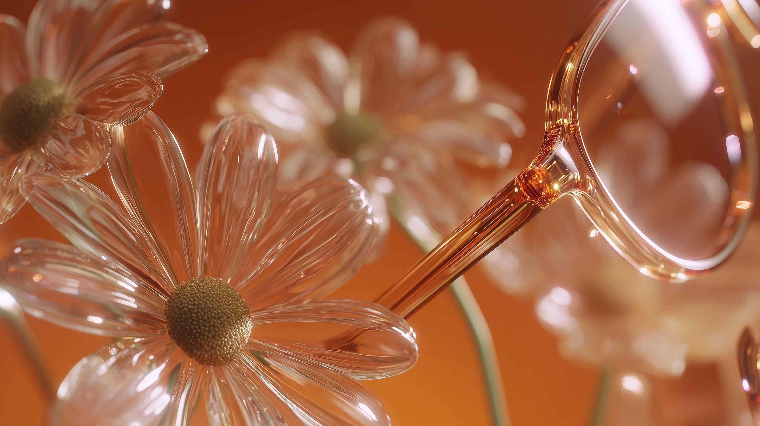 Margherite di vetro e occhiali dalla montatura rosa su fondo arancione